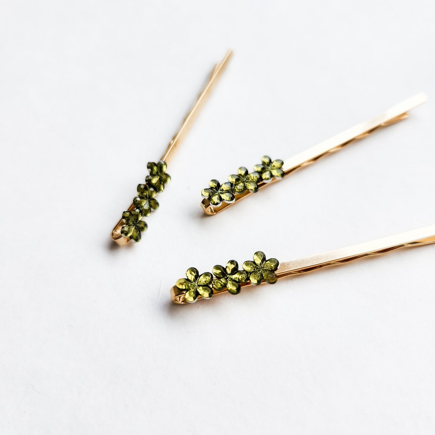 Priscilla Olive Green Retro Flower Rhinestone Hair Pins / Bobby Pins