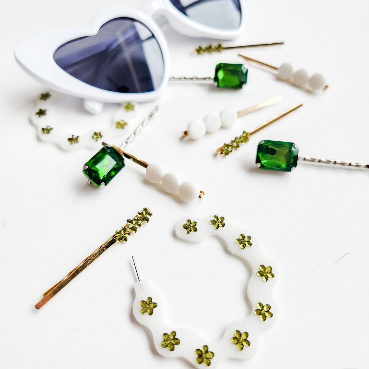 Priscilla Olive Green Retro Flower Rhinestone Hair Pins / Bobby Pins