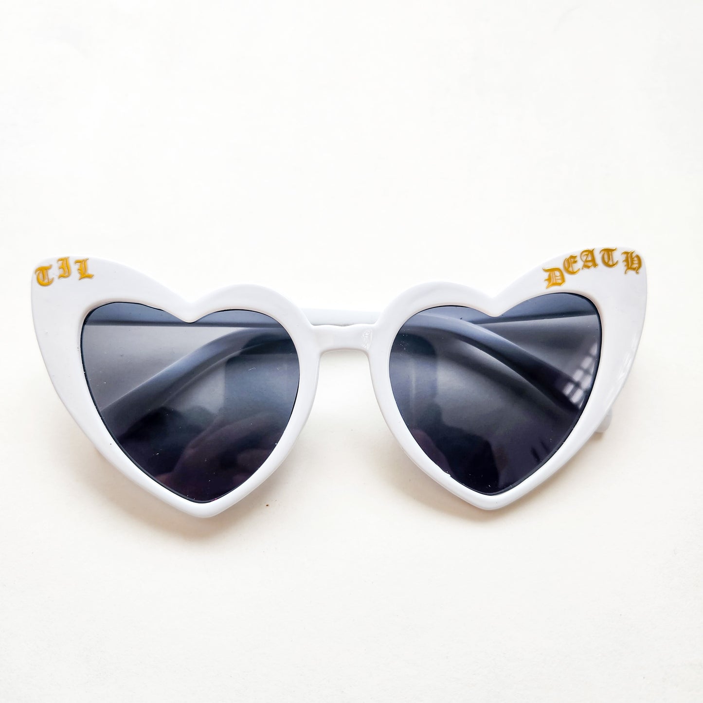 Til Death White Heart Sunglasses Gold Font