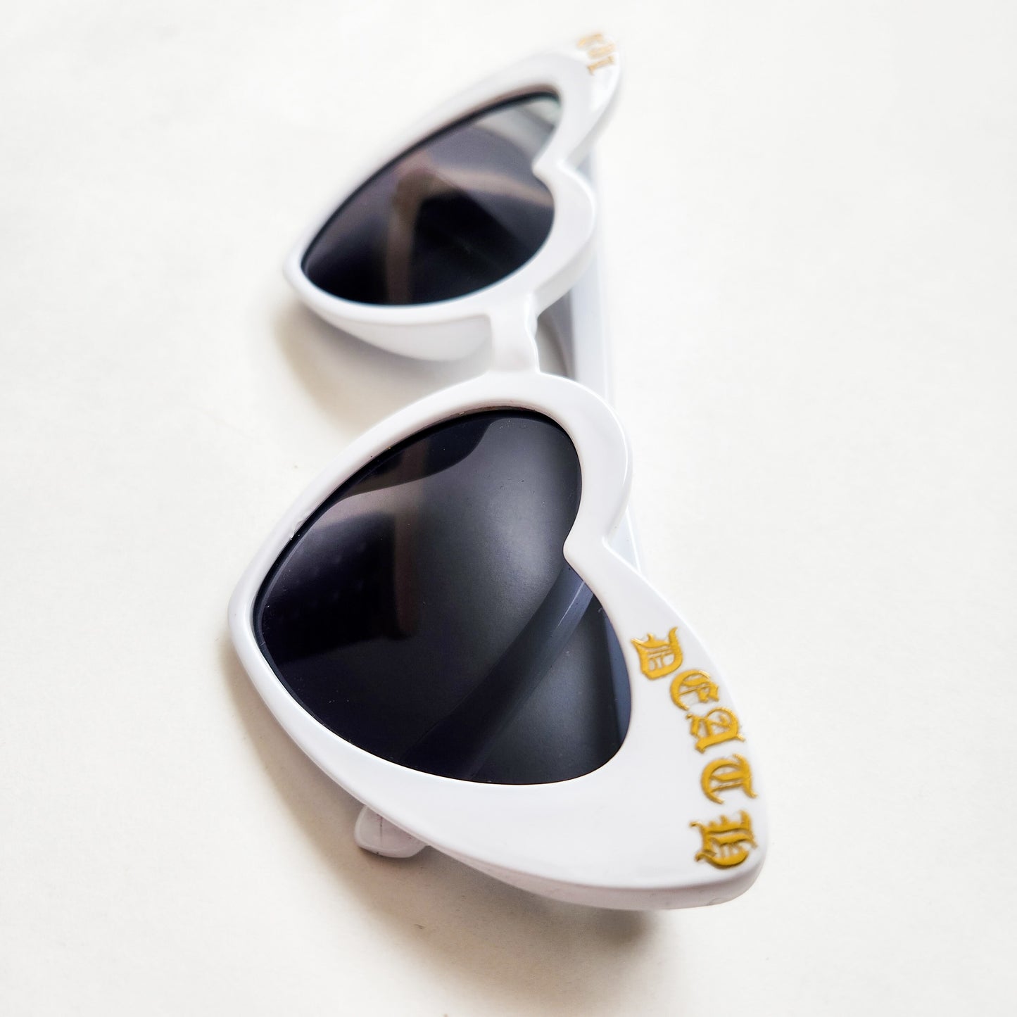 Til Death White Heart Sunglasses Gold Font