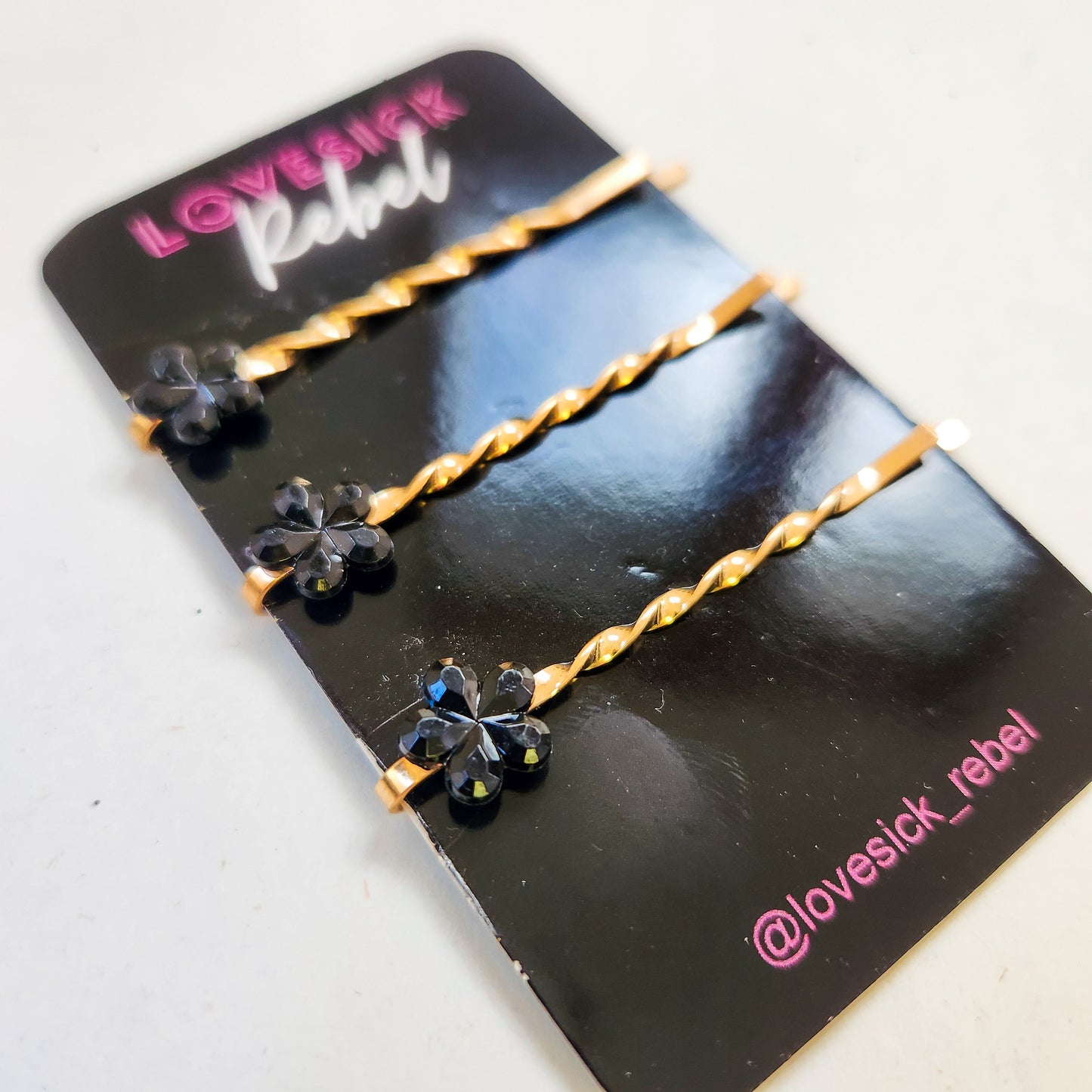 Priscilla Black Retro Flower Rhinestone Hair Pins / Bobby Pins