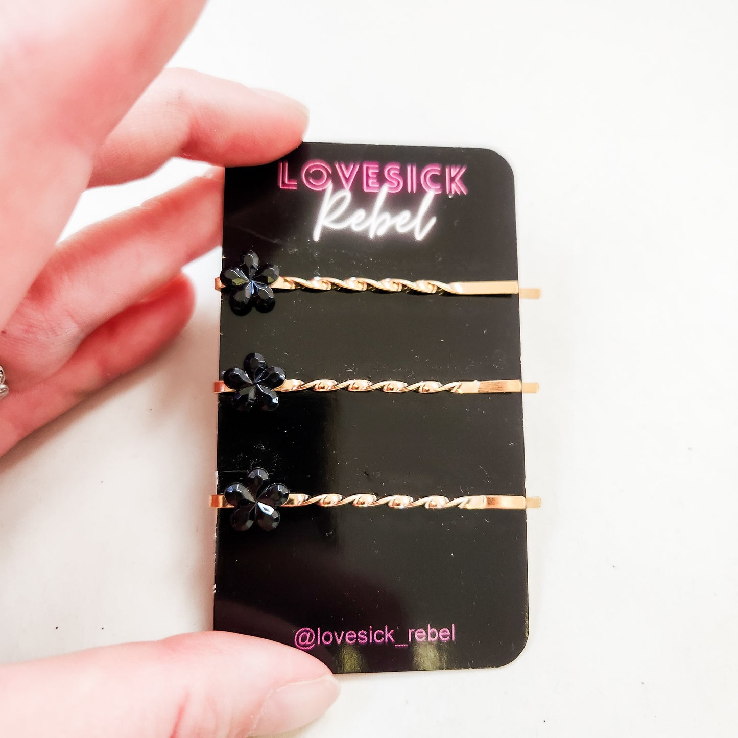 Priscilla Black Retro Flower Rhinestone Hair Pins / Bobby Pins
