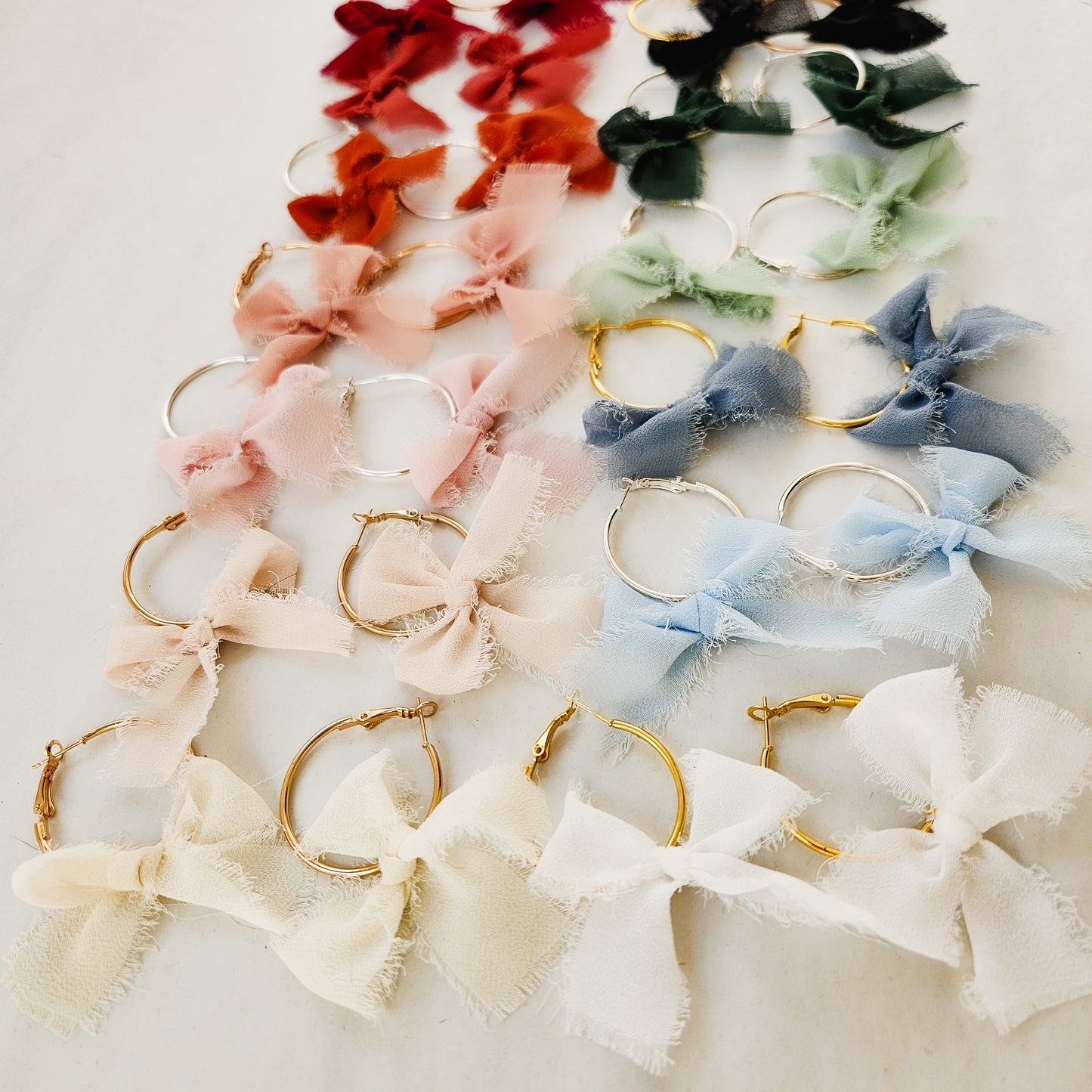 Chiffon Bow Mini Hoop Earrings available with gold or silver details