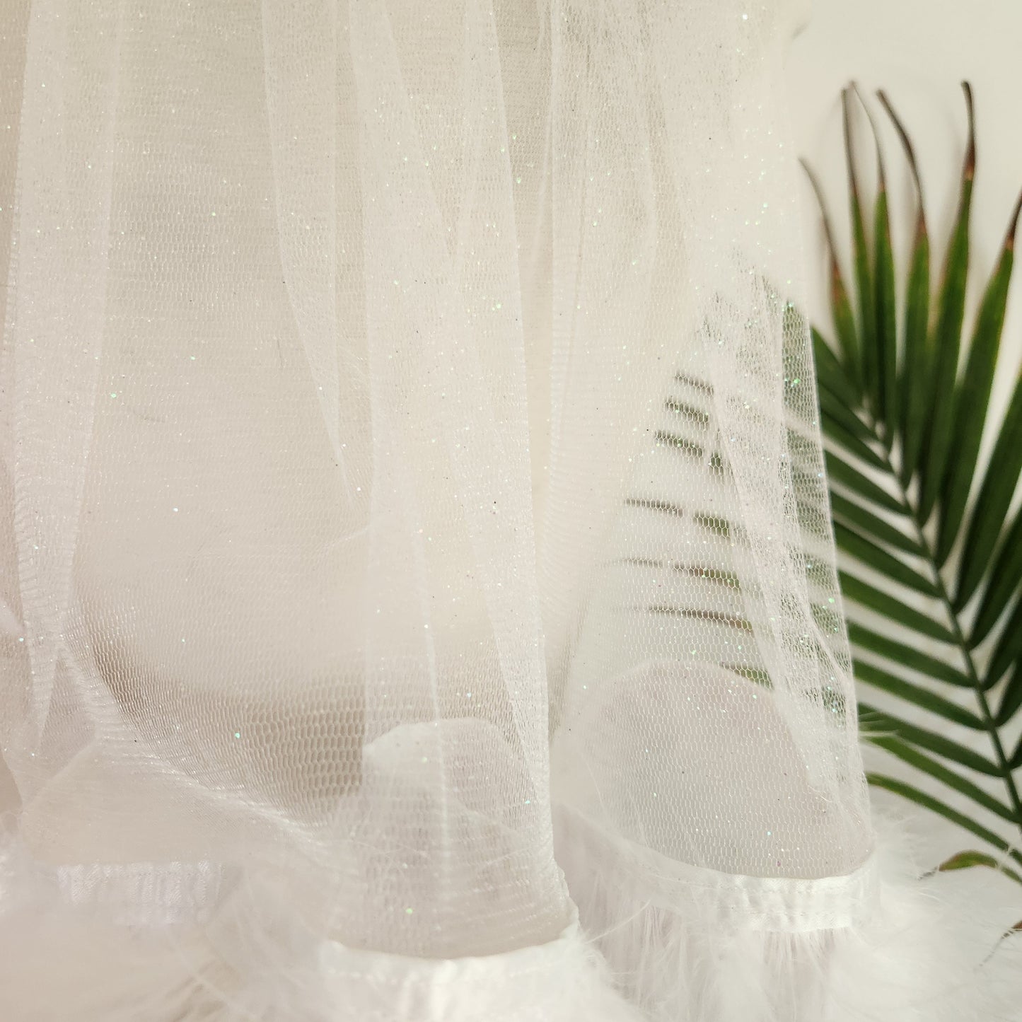 White Feather and Glitter Shoulder Length Wedding or Bachelorette Veil