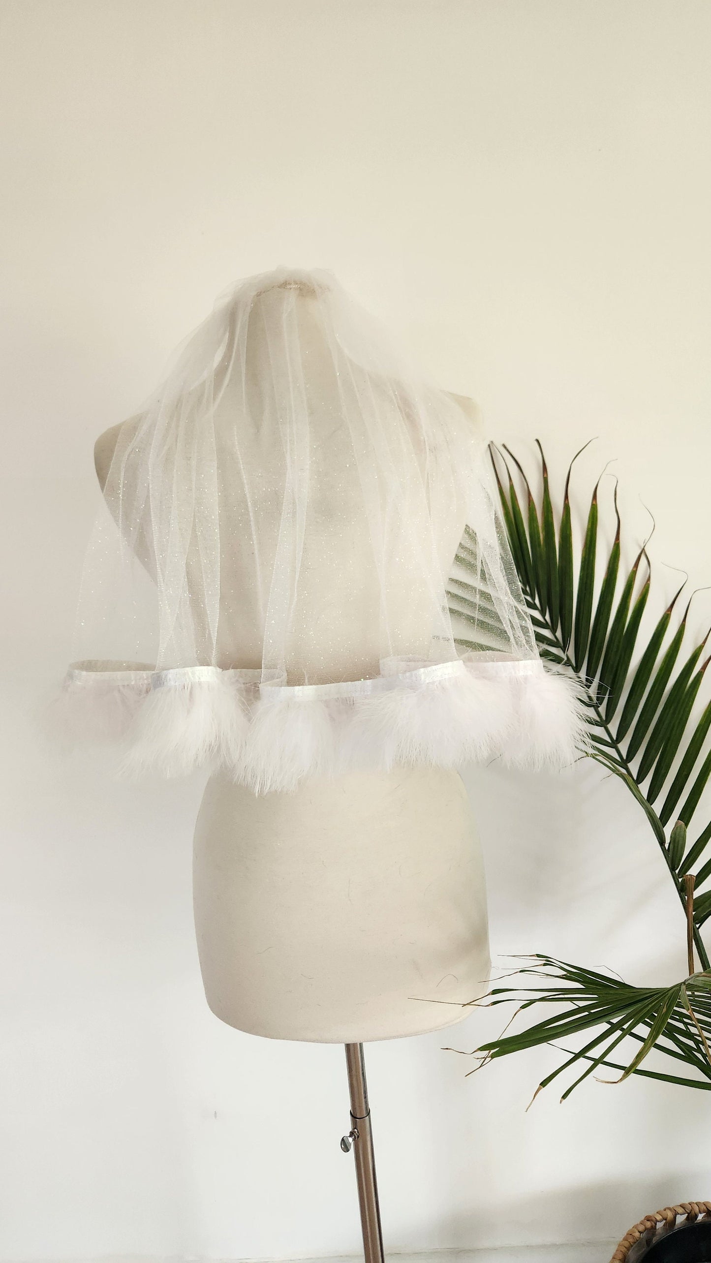 White Feather and Glitter Shoulder Length Wedding or Bachelorette Veil