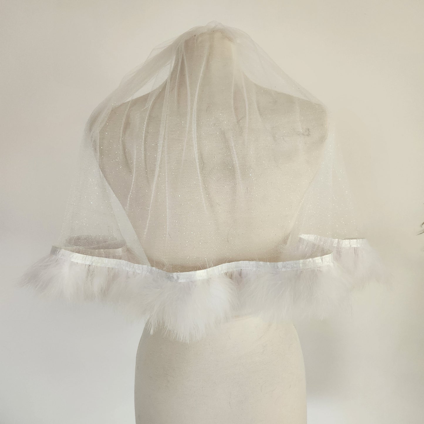 White Feather and Glitter Shoulder Length Wedding or Bachelorette Veil