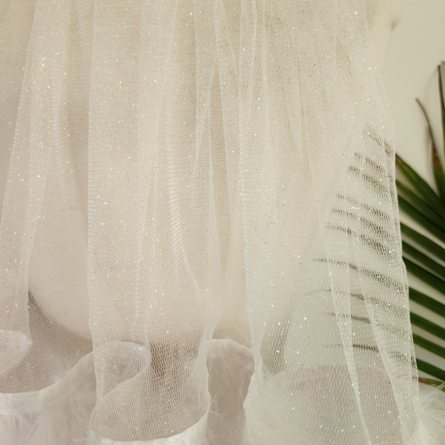 White Feather and Glitter Shoulder Length Wedding or Bachelorette Veil