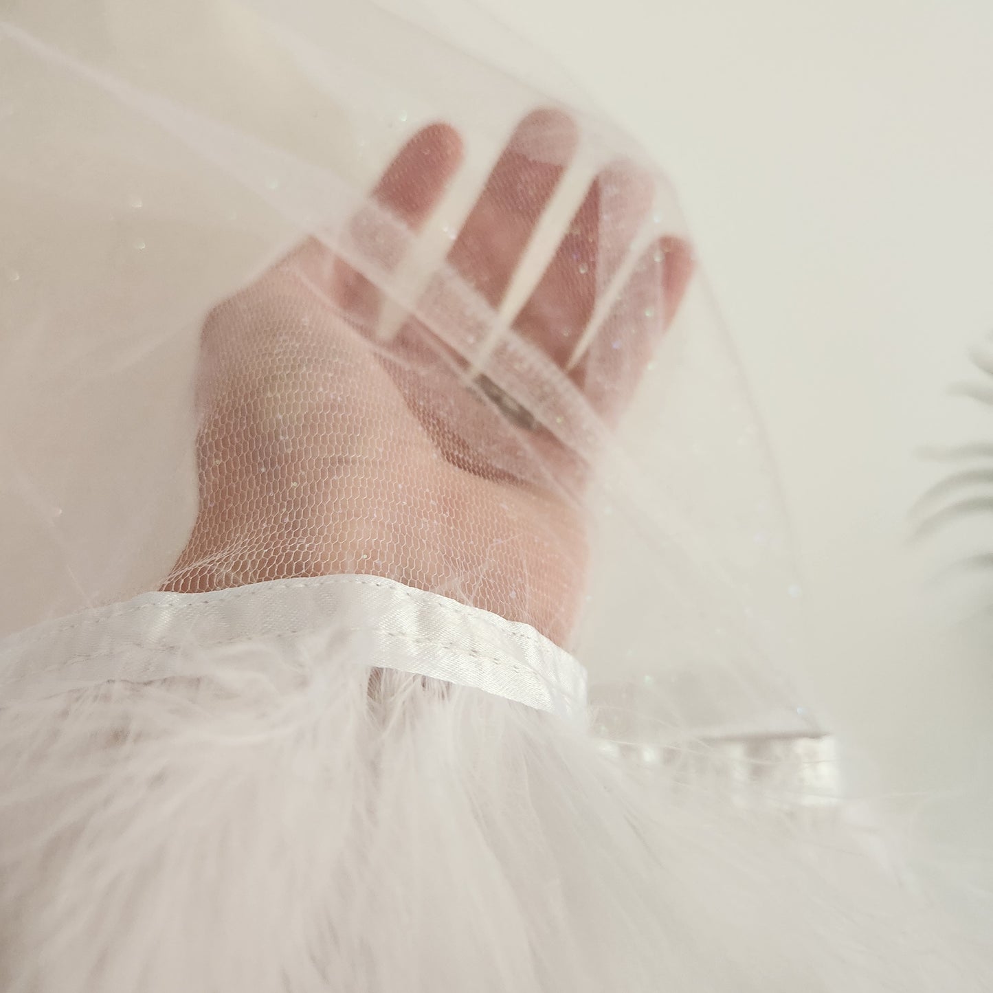 White Feather and Glitter Shoulder Length Wedding or Bachelorette Veil