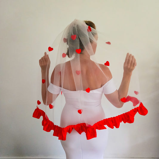 The Candy Heart wedding veil with Red Hearts