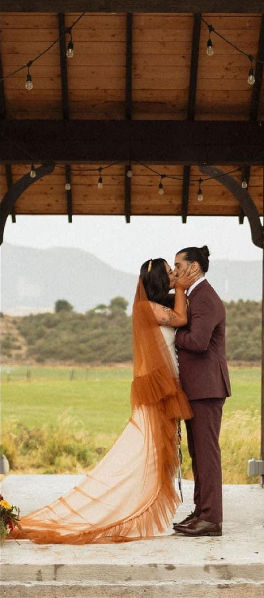 The Lovesick Rebel Ruffle Wedding Veil in Terracotta / Rust Orange