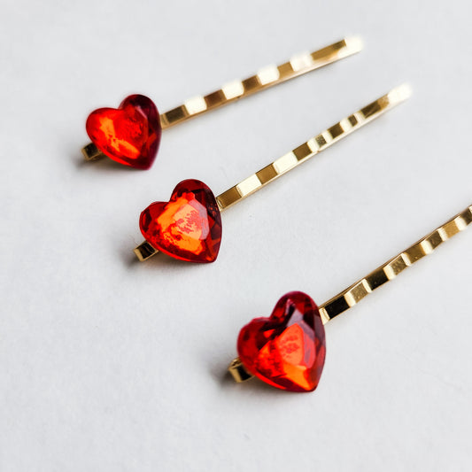 Queen of Hearts Red Heart Rhinestone Hair Pins / Bobby Pins