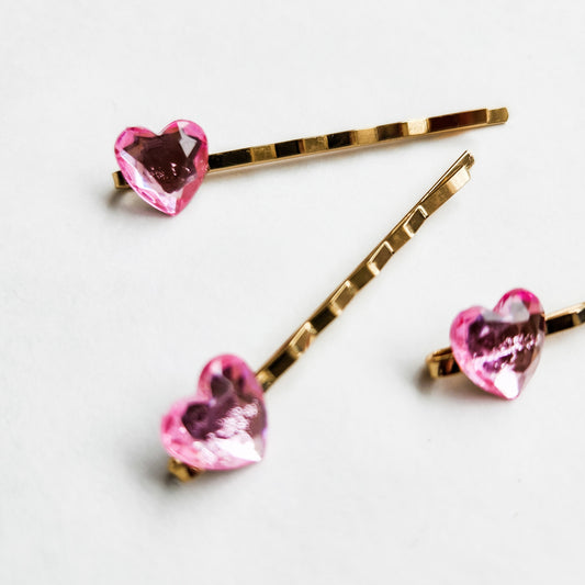 Queen of Hearts Pink Heart Rhinestone Hair Pins / Bobby Pins