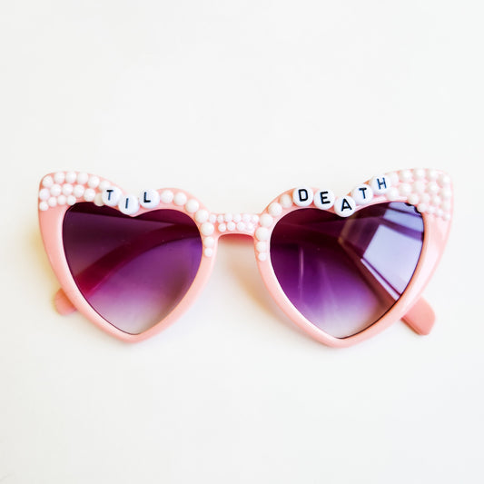 Til Death Pink Heart Rhinestone Sunglasses UV protection