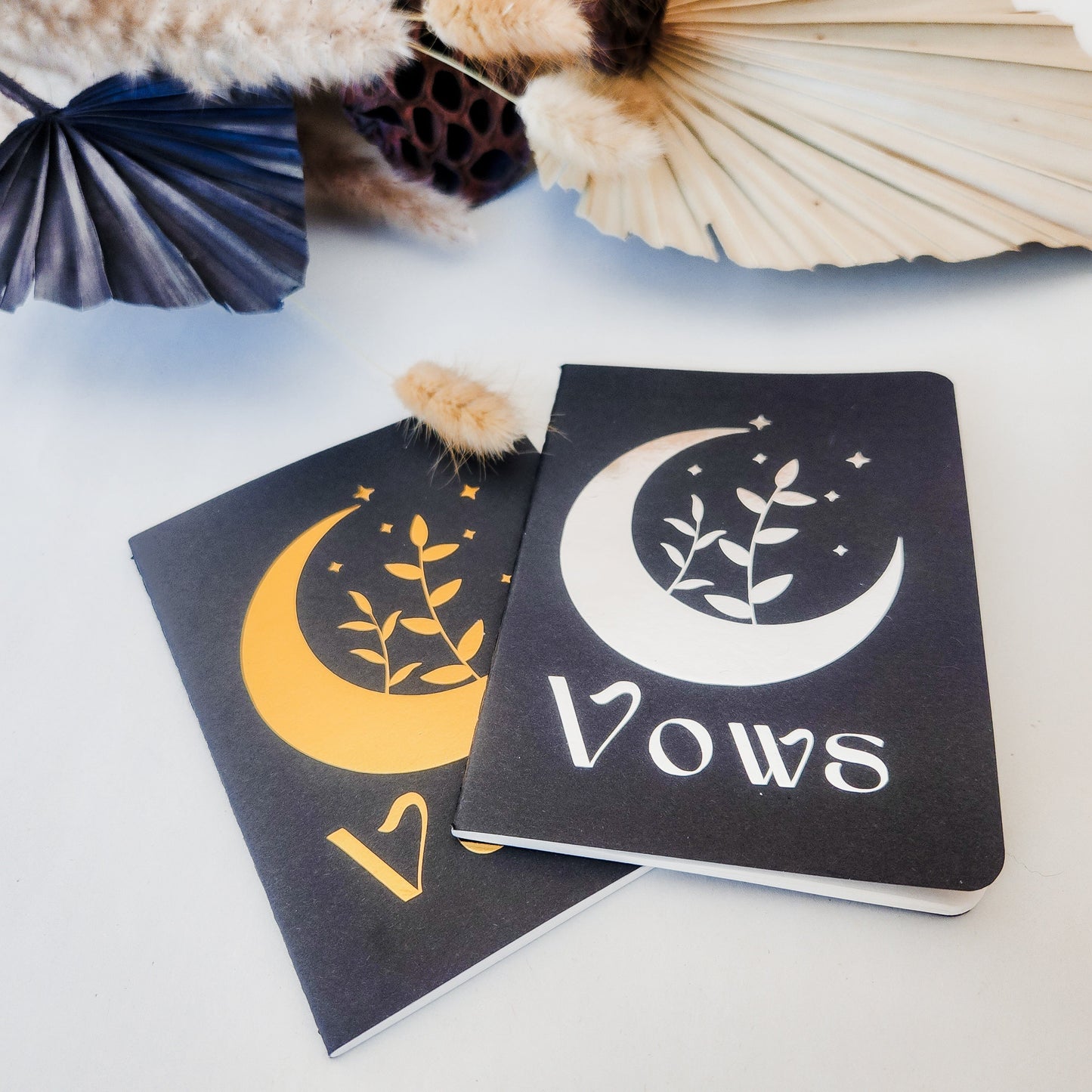 Celestial Moon and Stars Wedding Vow Books, Set of 2, Gold or Silver on Black