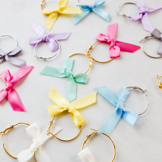 Mini Bow Hoop Earrings Pastel Collection available with gold or silver details