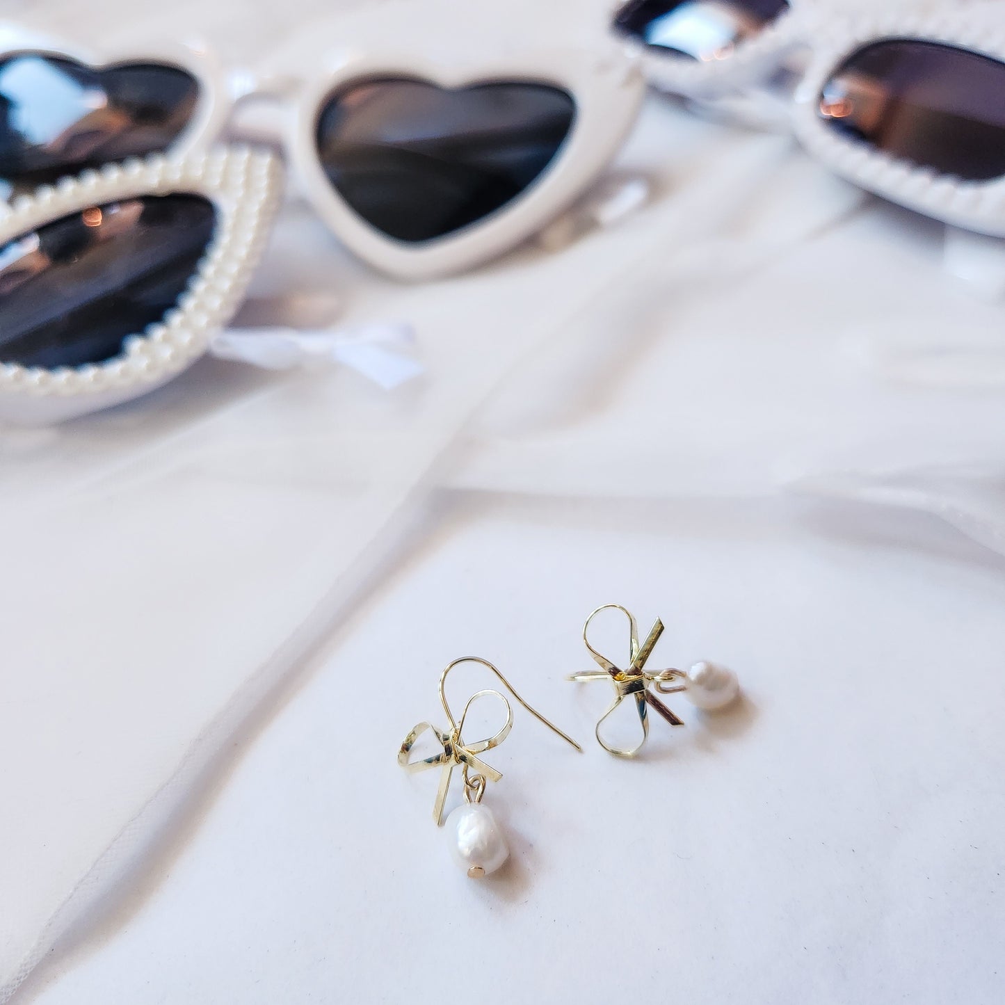 Mini Gold Bow and Fresh Water Pearl Earrings