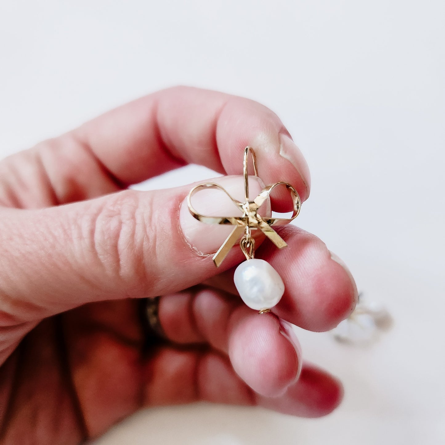 Mini Gold Bow and Fresh Water Pearl Earrings