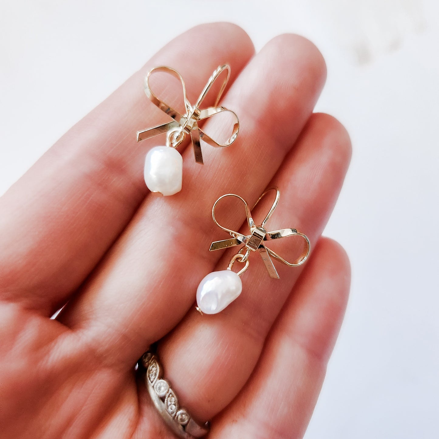 Mini Gold Bow and Fresh Water Pearl Earrings