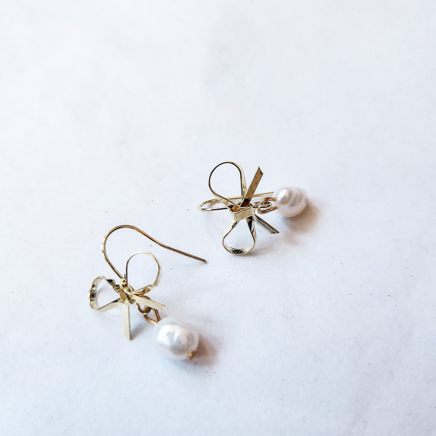 Mini Gold Bow and Fresh Water Pearl Earrings