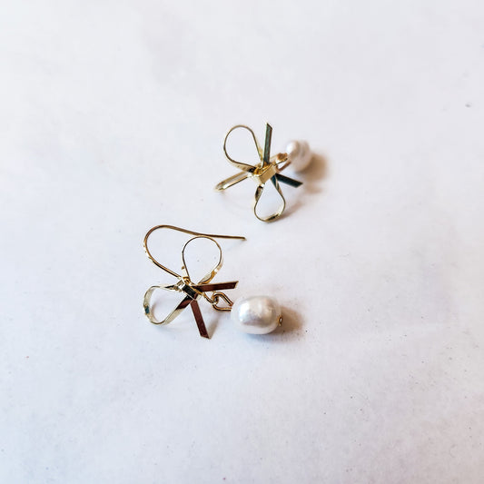 Mini Gold Bow and Fresh Water Pearl Earrings