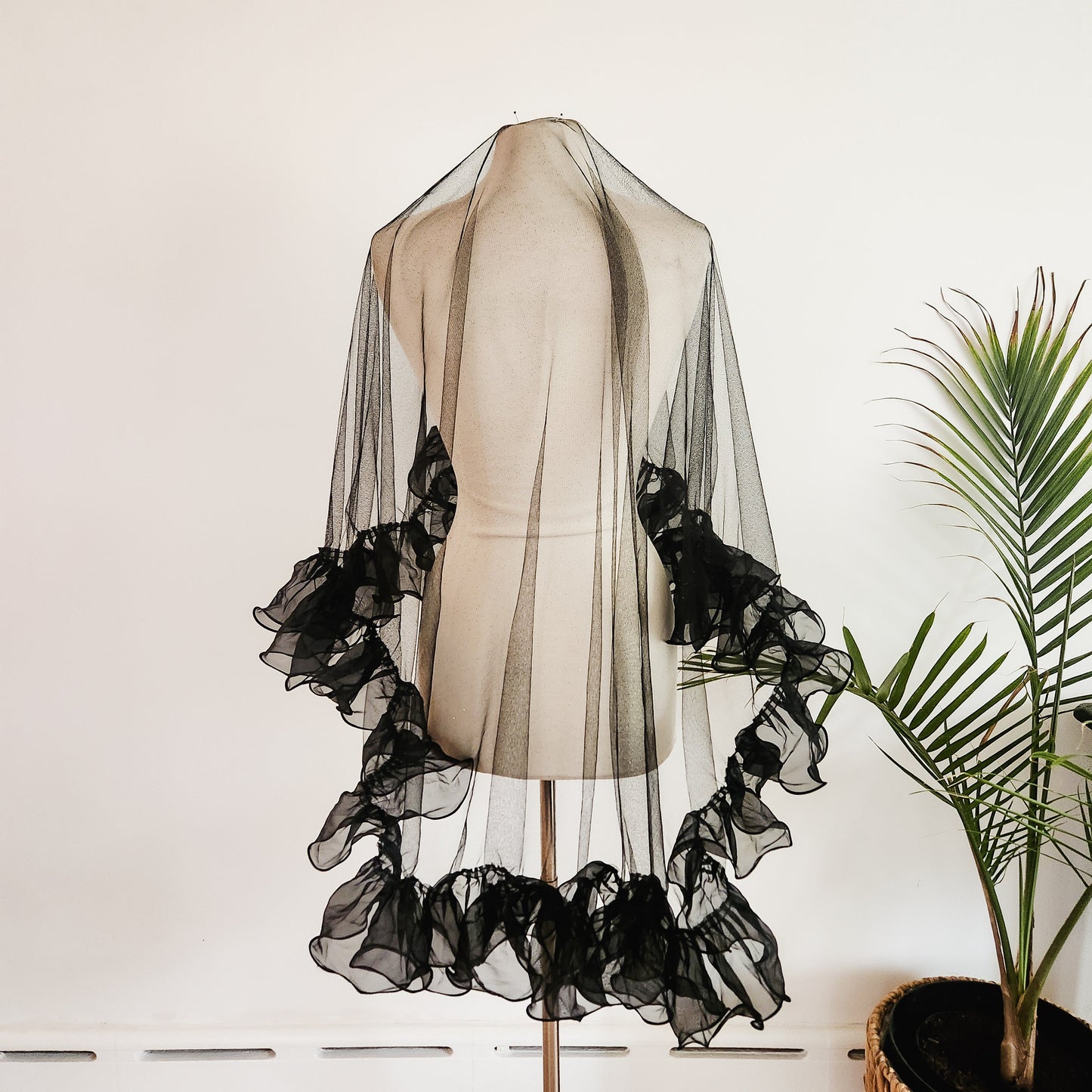 The Raven Black Ruffle Wedding Veil  with Detachable Bow